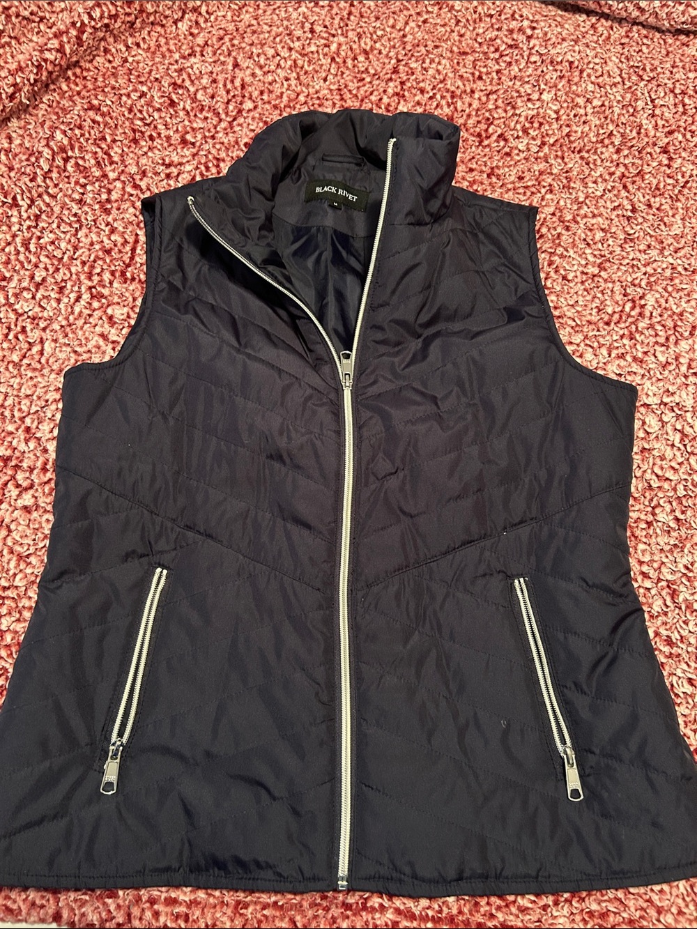 Black Rivet Women's Navy Quilted Sleeveless Vest with Silver Zippers